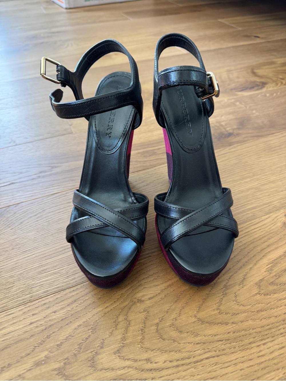 Burberry Black Leather Ankle-Strap Wedges with Plum and Pink Stripes - Picture 4 of 4